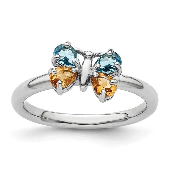 Trendy Stackable Rings For Layered Style-Sterling Silver Stackable Expressions Blue Topaz & Citrine Butterfly Ring