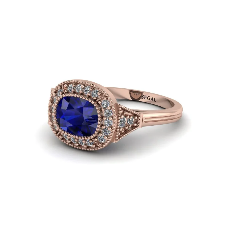 Sparkling Cocktail Rings For Special Celebrations-Cushion Cut Sapphire Milgrain Halo Engagement Ring - Blake No. 14