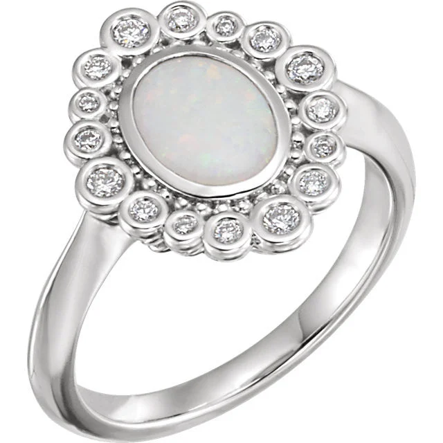 Beautiful Engagement Rings For Romantic Proposals-14k White Gold Oval Bezel Set Genuine Opal & 1/6 CTW Diamond Halo Ring