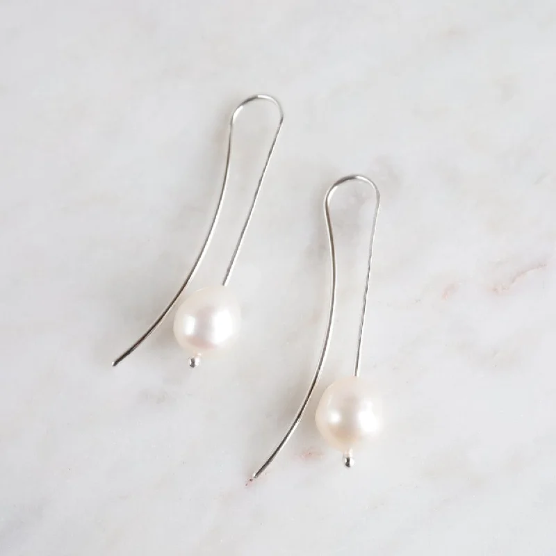 Beautiful Crystal Earrings For Special Events-Large Fresh Water Pearl On Long Silver Wire Earrings