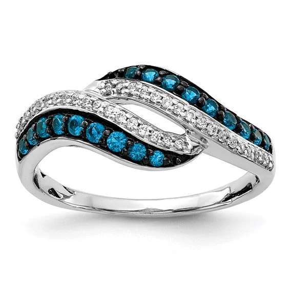 Custom Wedding Bands For Creative Couples-14k White Gold Blue and White Diamond Swirl Ring