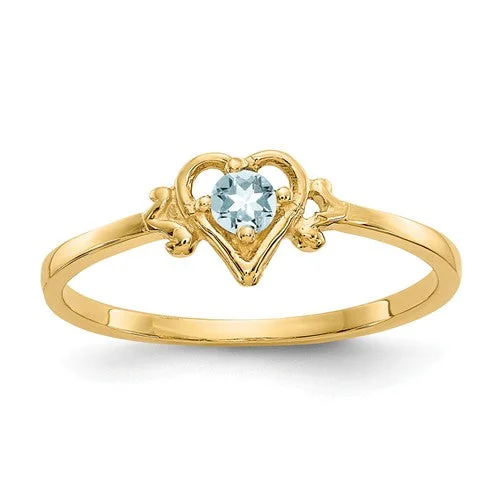 Custom Birthstone Engagement Rings For Personalized Gifts-14k Yellow Gold Genuine Aquamarine March Birthstone Heart Ring