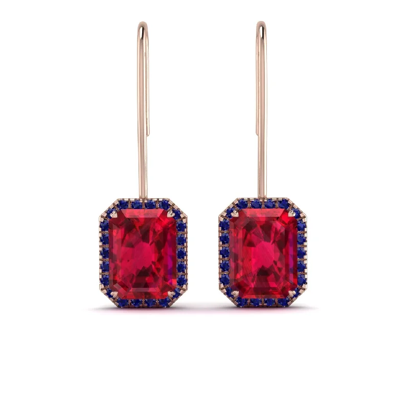 Trendy Earrings For Party Style-Halo Emerald Cut Ruby Earrings - Izabella No. 71