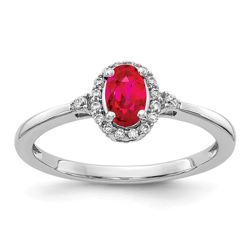 Custom Wedding Bands For Fashion-Forward Couples-14k White Gold Genuine Oval Ruby and Diamond Halo Ring