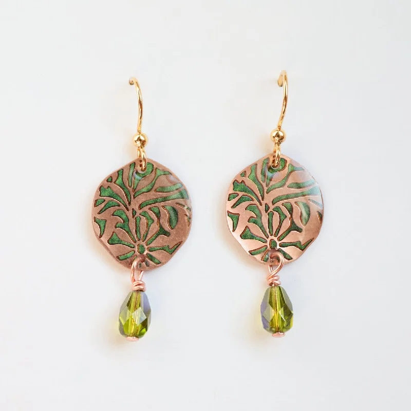 Artistic Gold Earrings For Creative Style-Copper Flower Burst with Green Dangle Earrings