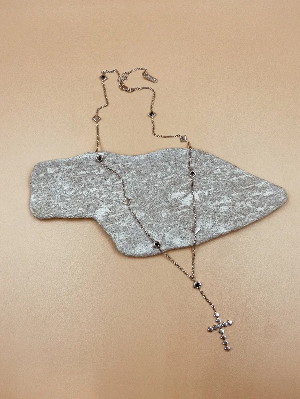 Dori Rosary Cross Lariat Necklace in Silver Tone