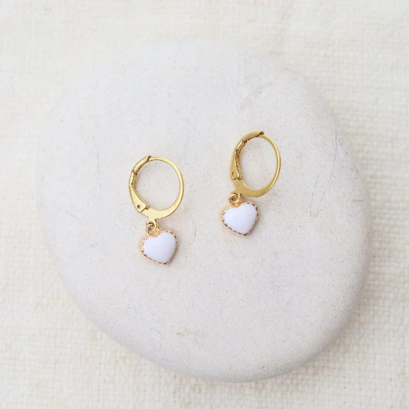 Eco-Friendly Earrings For Sustainable Fashion-White Enamel Heart Drop Earrings - Gold Plate