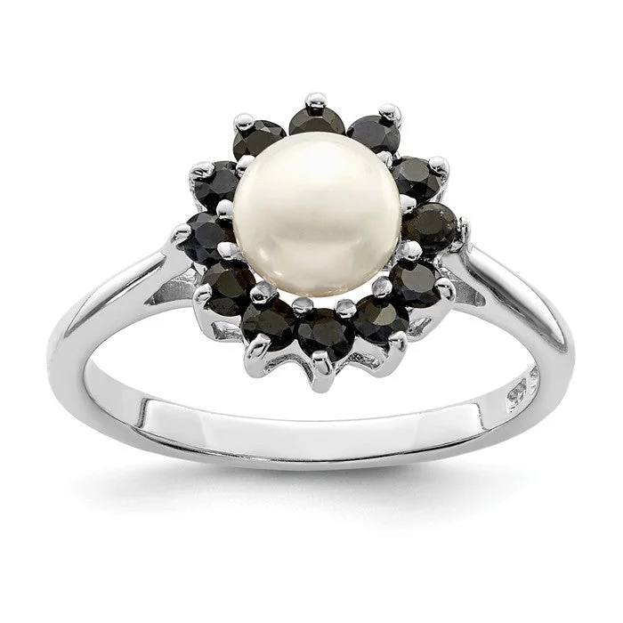 Bold Wedding Rings For Fashion-Forward Couples-Sterling Silver 6mm Cultured Pearl And Blue Sapphire Halo Ring