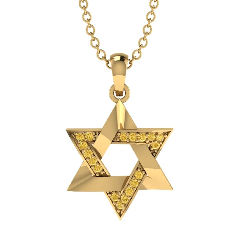 Jewish Symbol Gold Yellow Diamond Necklace - David Star - Amos No. 16