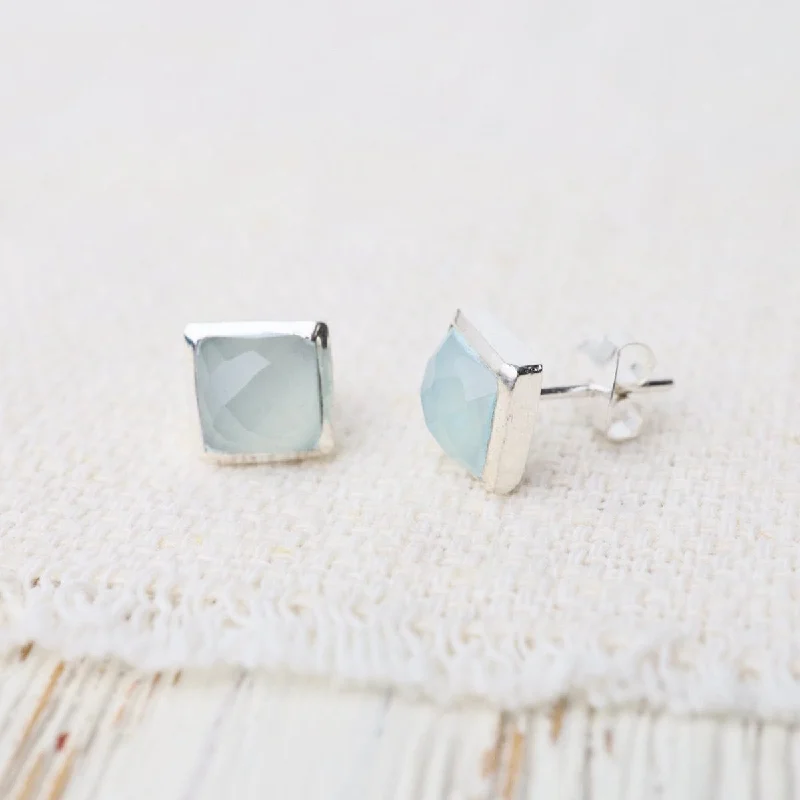 Affordable Silver Earrings For Chic Style-Silver Square Madeline Stud Earrings - Aqua Blue Chalcedony