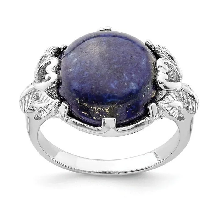 Luxury Wedding Rings For Elegant Brides-Sterling Silver Round Lapis Lazuli Leaf Design Ring