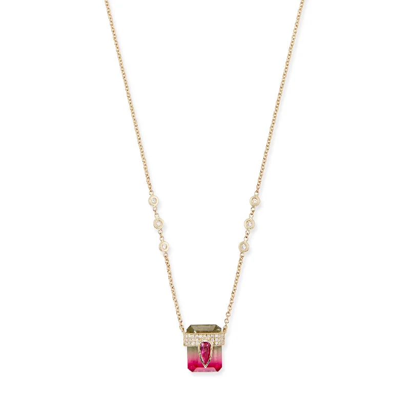 PAVE PINK TOURMALINE TEARDROP CAP + WATERMELON TOURMALINE BAGUETTE NECKLACE