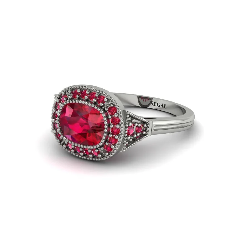 Elegant Wedding Rings For Special Occasions-Cushion Cut Ruby Milgrain Halo Engagement Ring - Blake No. 57