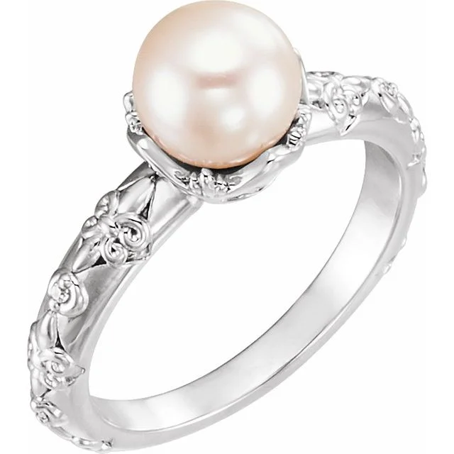 Custom Wedding Bands For Creative Couples-14k Gold Freshwater Cultured Pearl & .02 CTW Diamond Vintage Inspired Ring