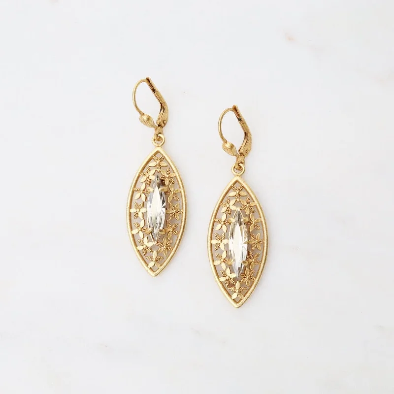 Silver Earrings For Everyday Glam-Marquise Clear Crystal Earrings - Gold Plate