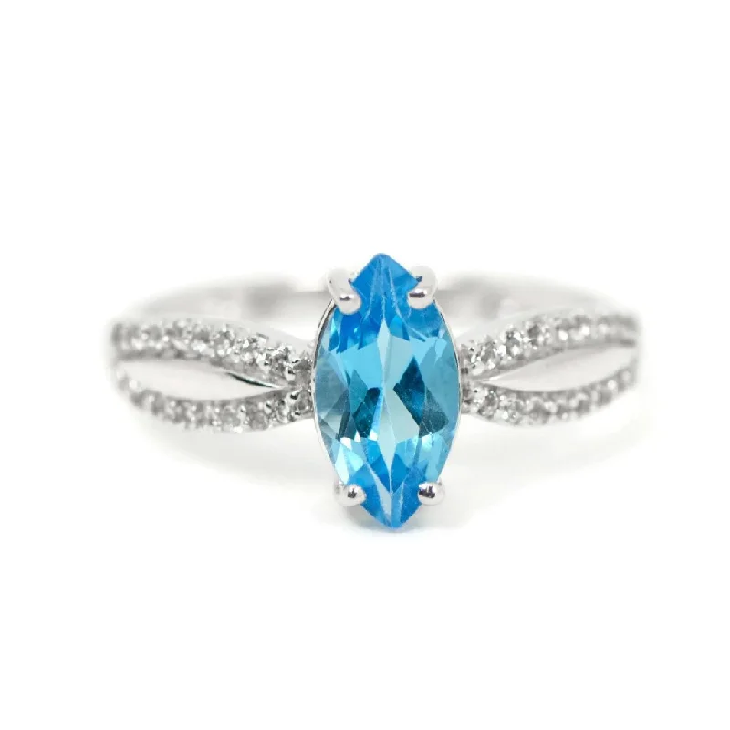 Beautiful Sapphire Engagement Rings For Timeless Glam-Sterling Silver Genuine Swiss Blue Topaz Marquise & White Topaz Ring