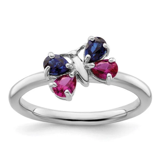 Gorgeous Gemstone Rings For Statement Fashion-Sterling Silver Stackable Expressions Ruby and Blue Sapphire Butterfly Ring