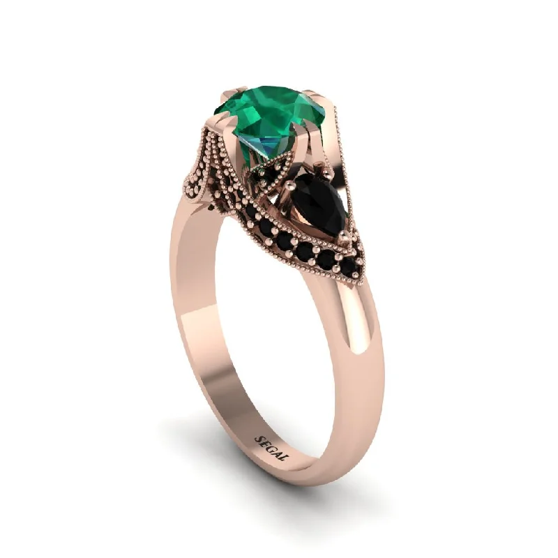 Custom Diamond Rings For Personalized Glam-Emerald Vintage Round Cut Engagement Ring - Kali No. 35