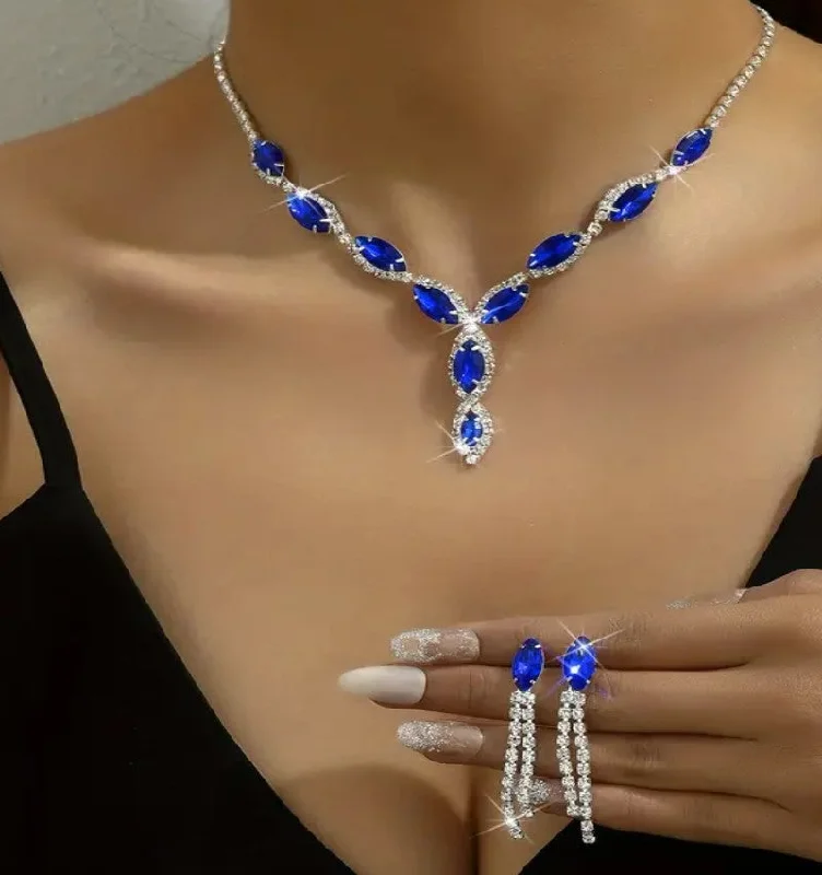 3pcs SILVER Blue Jewelry Set l Rhinestone Earrings l Necklace l Bracelet l Prom l Wedding  JS-924