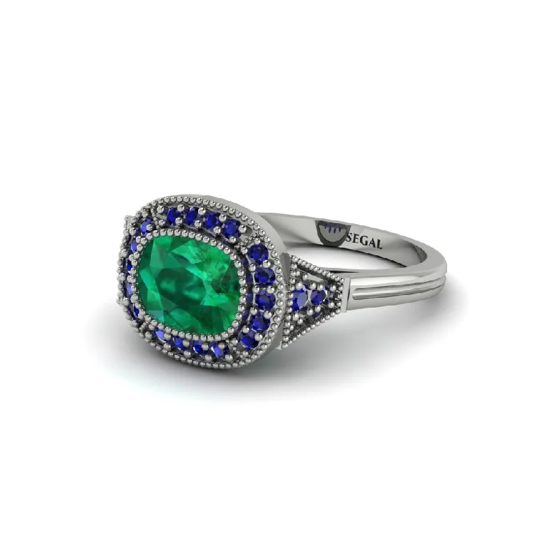 Gorgeous Custom Wedding Bands For Personalized Vows-Cushion Cut Emerald Milgrain Halo Engagement Ring - Blake No. 66