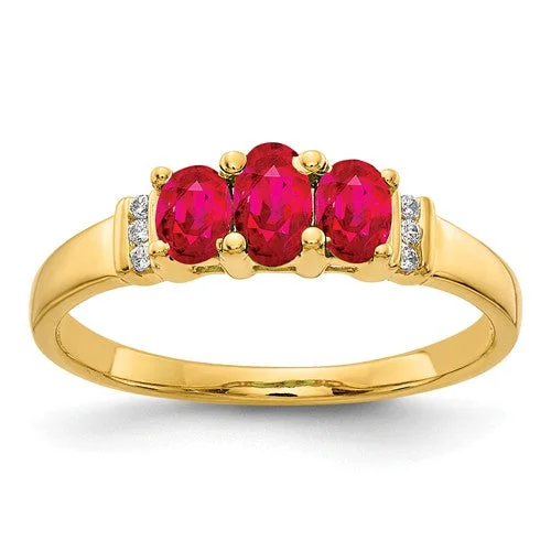 Luxury Wedding Bands For Elegant Style-14k Yellow Gold Triple Genuine Oval Ruby And Diamond Ring