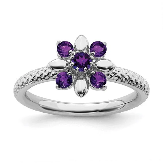 Gorgeous Custom Wedding Bands For Personalized Vows-Sterling Silver Stackable Expressions Amethyst Flower Ring