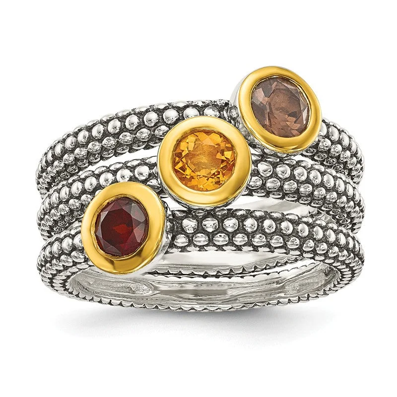 Elegant Rose Gold Rings For Elegant Fashion-Sterling Silver Set of 3 Flash Gold Garnet, Citrine & Smoky Quartz Stackable Rings