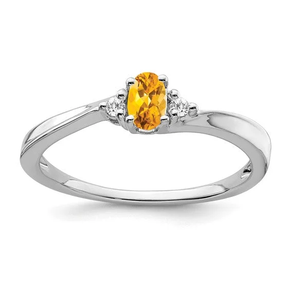 Luxury Custom Rings For Personalized Jewelry-14k White Gold Oval 5x3mm Citrine And Diamond Ring