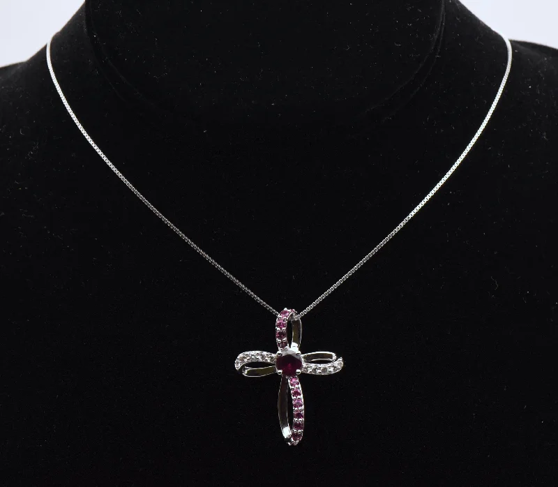 Garnet and Topaz Sterling Silver Cross Pendant on Sterling Silver Chain Necklace