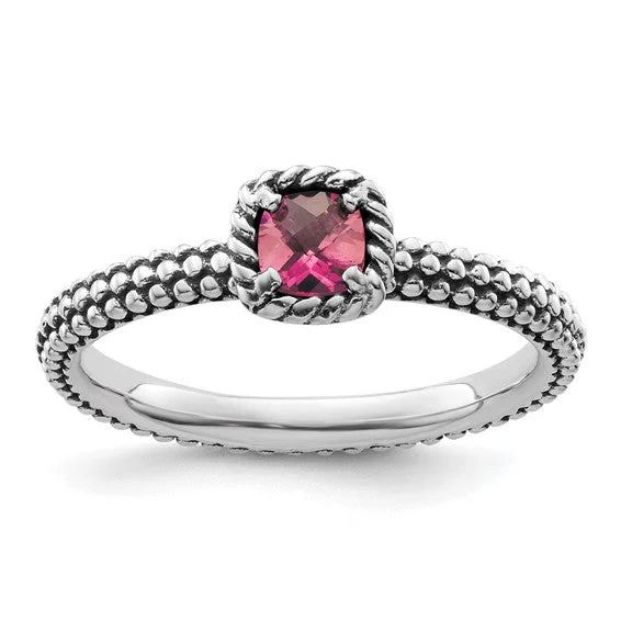 Unique Engagement Rings For Creative Brides-Sterling Silver Stackable Expressions Checker-Cut Cushion Pink Tourmaline Antiqued Ring