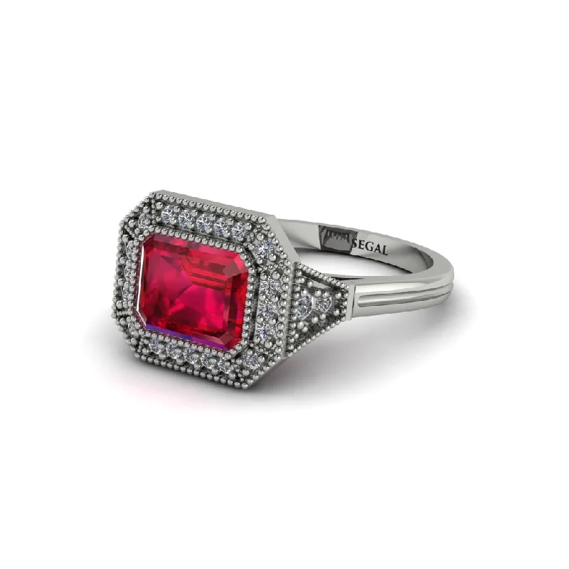 Luxury Wedding Bands For Timeless Elegance-Emerald Cut Ruby Milgrain Halo Engagement Ring - Juniper No. 12