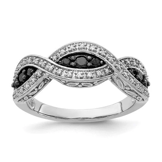 Luxury Wedding Bands For Elegant Style-14k White Gold White and Black Diamond Twist Ring