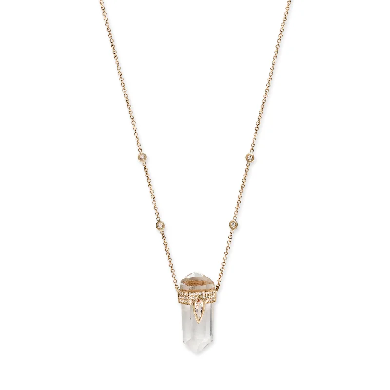 PAVE MORGANITE TEARDROP CAP + CLEAR QUARTZ CRYSTAL NECKLACE