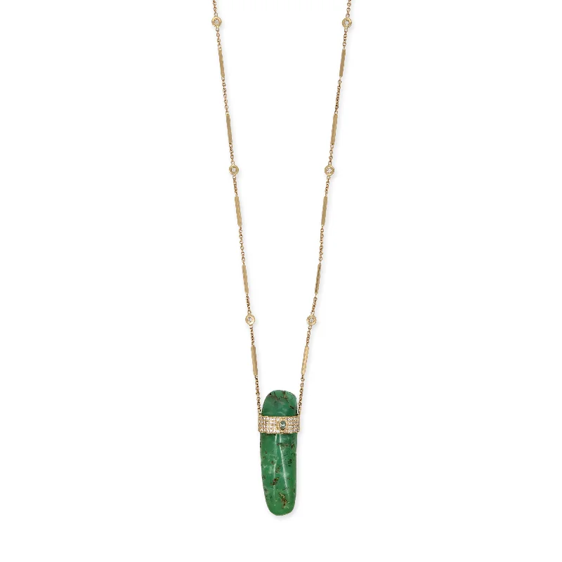 PAVE ROSE CUT DIAMOND CENTER CAP CHRYSOPRASE CRYSTAL NECKLACE