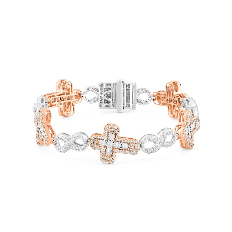 Elegant Crystal-Studded Bracelets For Special Moments-Two-Tone Rose & White Diamond Infinity and Cross Link Bracelet