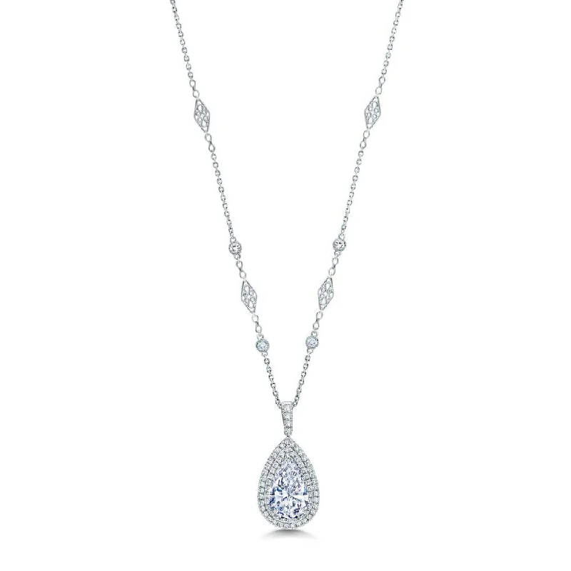 Uneek Double Halo Pear-Shaped Diamond Pendant with Filigree and Bezel Accent Chain