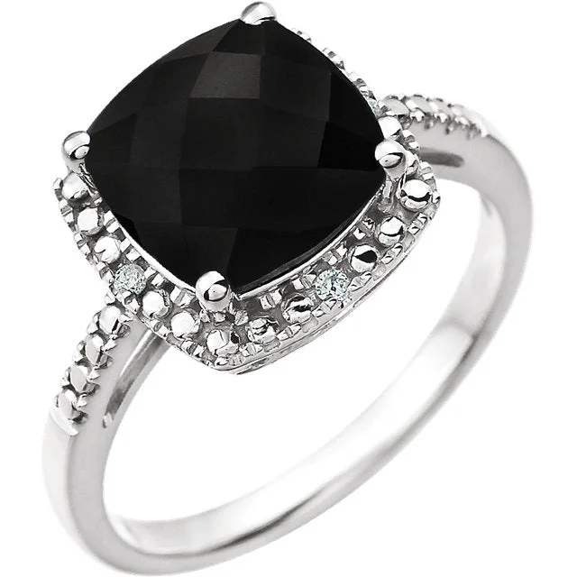 Gorgeous Diamond Rings For Engagement Glam-14k White Gold 9mm Cushion Cut Onyx & Diamond Halo-Style Ring