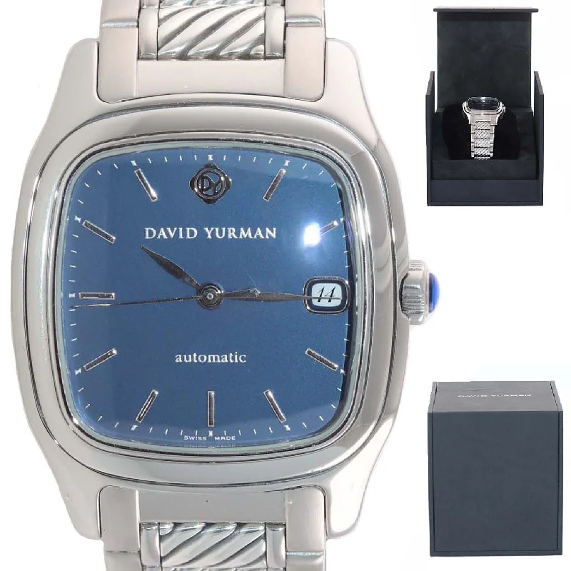 Custom Engraved Watches For Personalized Gifts-MINT David Yurman Steel Thoroughbred Blue Automatic Date 35mm Watch T301-LST