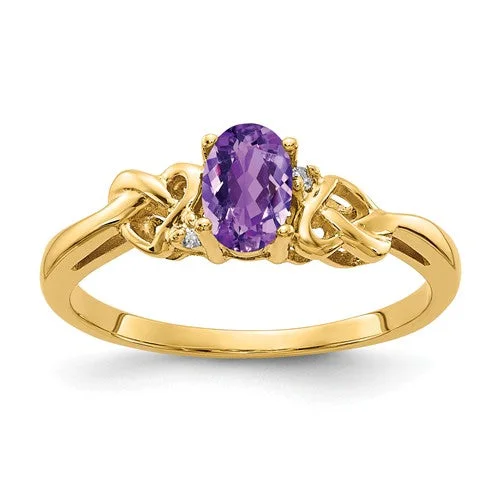 Custom Stackable Wedding Rings For Unique Styles-14k Yellow Gold 6x4mm Oval Amethyst and AA Diamond Heart Knot Side Ring