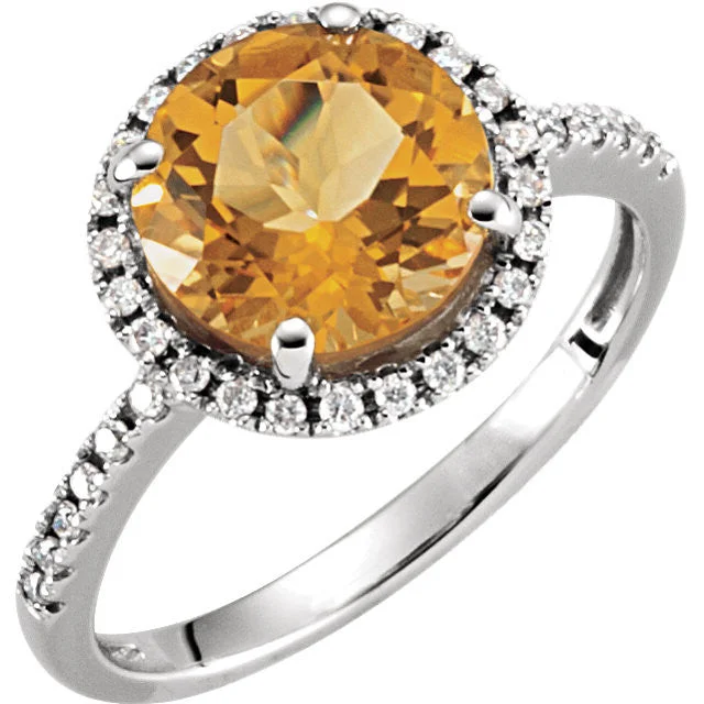 Classic Engagement Rings For Elegant Glam-14K White Gold 9mm Round Genuine Citrine & 1/6 CTW Diamond Halo Ring