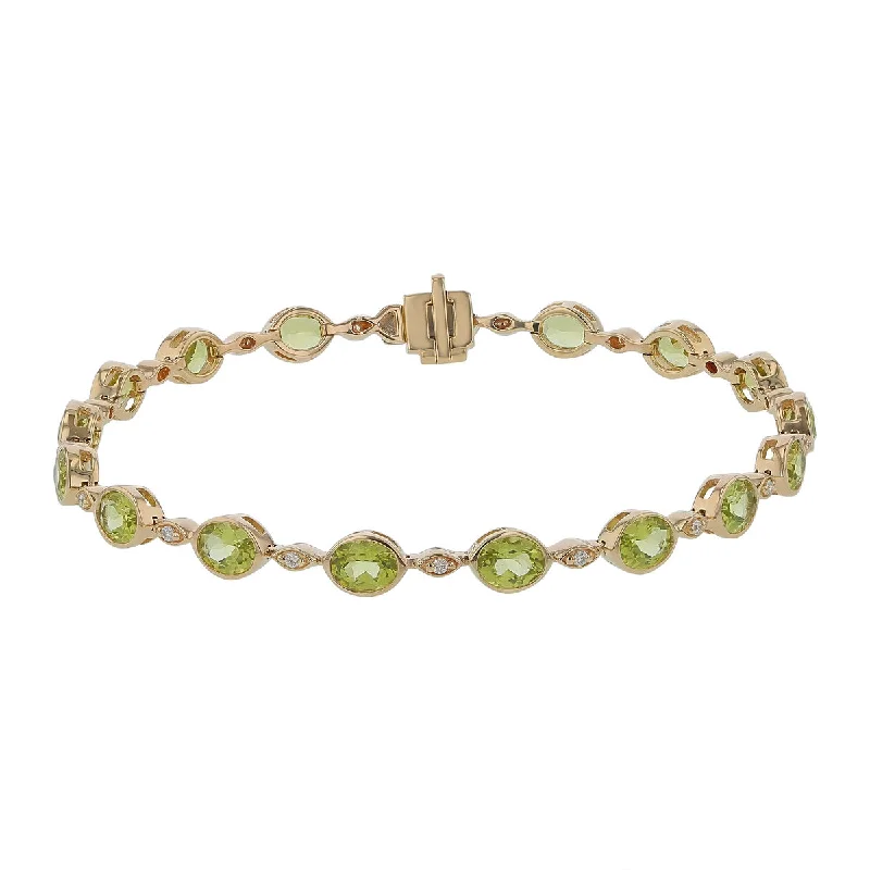 Unique Wooden Bracelets For Natural Fashion-Oval Peridot and Diamond Bracelet in 14K Yellow Gold, 7in