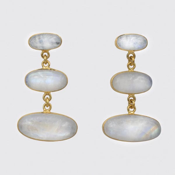 Stunning Drop Earrings For Wedding Glam-Gold Large Triple Oval Cabochon Rainbow Moonstone Earrings