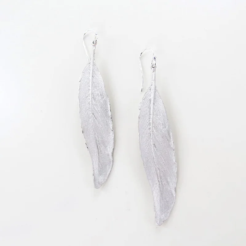 Bold Earrings For Statement Looks-Feather Silver Finish Linear Earrings