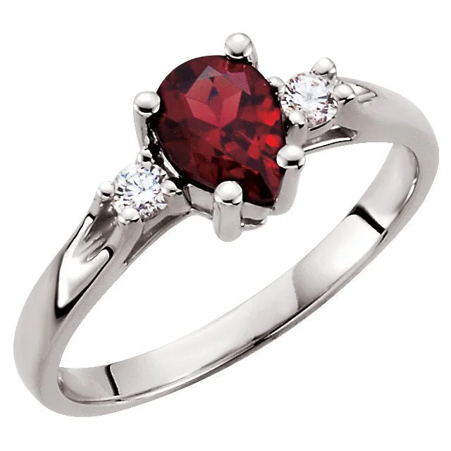 Simple Engagement Bands For Minimalist Brides-14k White Gold Genuine Pear Mozambique Garnet & Diamond Ring