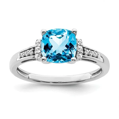 Unique Stackable Engagement Rings For Layered Looks-14k White Gold Swiss Blue Topaz Cushion and Diamond Ring