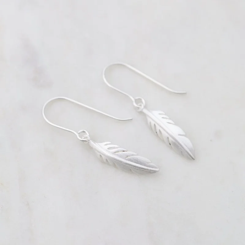 Sparkling Stud Earrings For Special Days-Tiny Feather Earrings - Brushed Sterling Silver