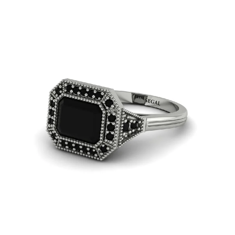 Sparkling Diamond Engagement Rings For Brides-Emerald Cut Black Diamond Milgrain Halo Engagement Ring - Juniper No. 39