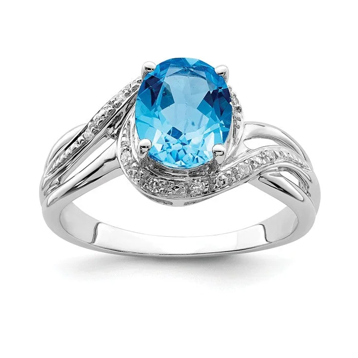 Luxury Platinum Engagement Rings For Brides-Sterling Silver Diamond And Oval Swiss Blue Topaz Ring