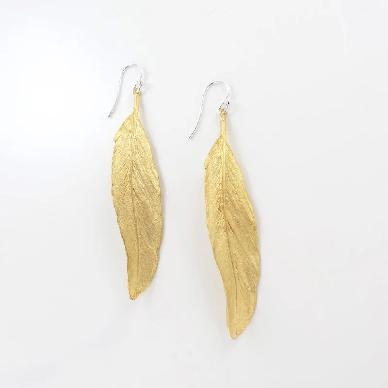 Fun Earrings For Playful Looks-Feather Gold Finish Linear Earrings