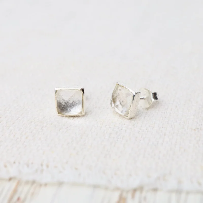 Custom Gemstone Earrings For Personalized Gifts-Silver Square Madeline Stud Earrings - Clear Quartz